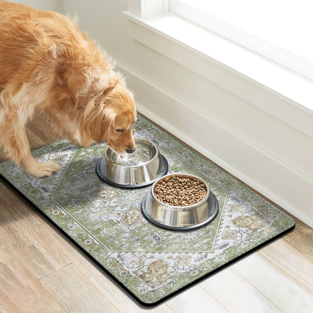 Dog Food Mats for Floors, Absorbent Dog Bowl Mat for Food and Water Dispenser Mat, Quick Dry Cat - Green / S(12"×20") - image 2