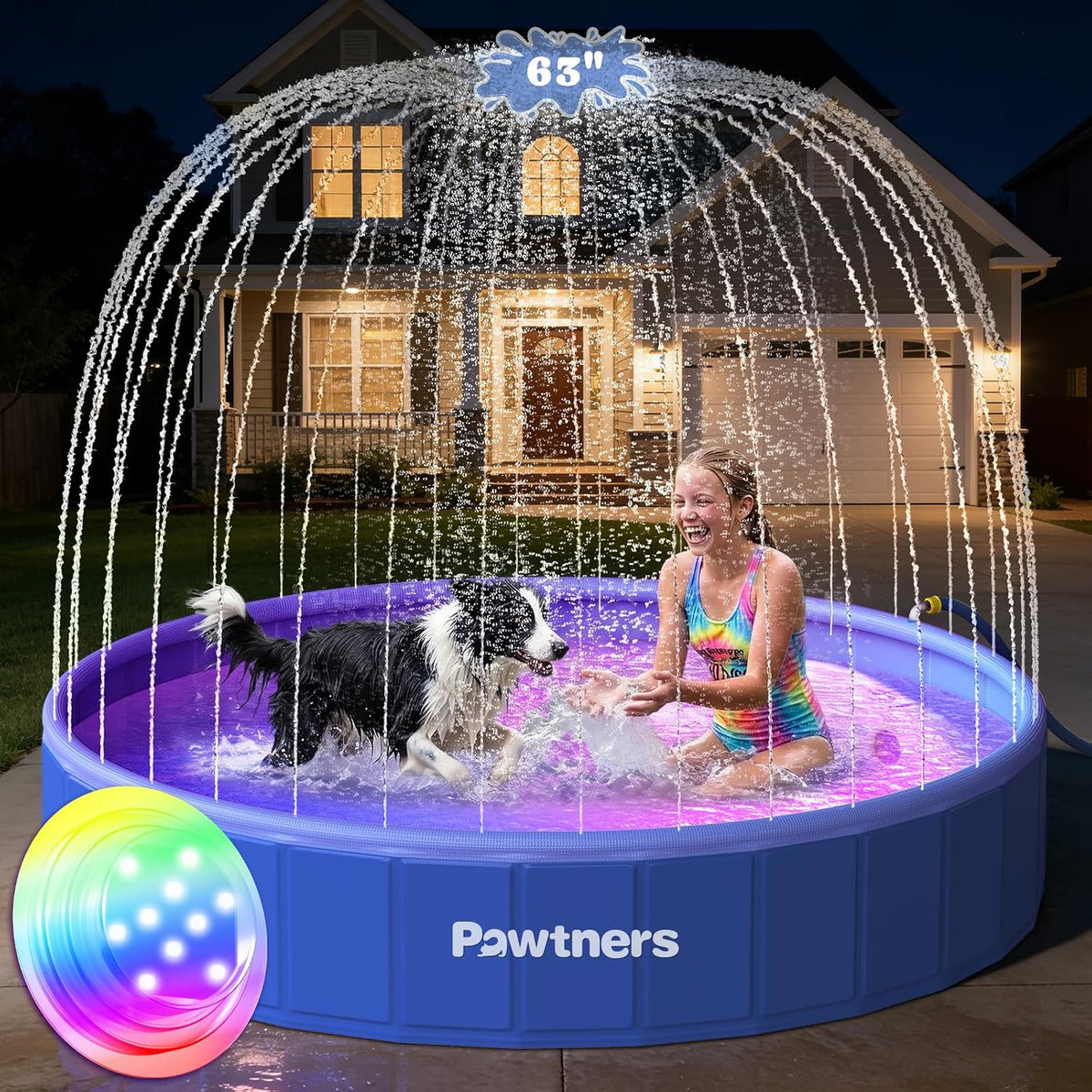 Pawtners Foldable Dog Pool with Sprinkler & RGB LED Light, 72"