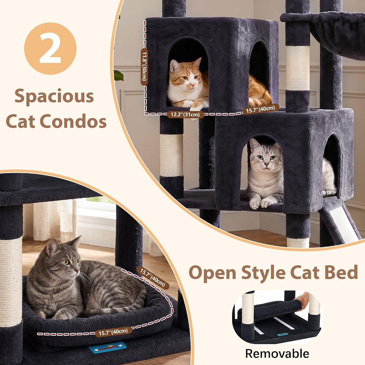 Cat Tree Tower 42'' with Condo, Indoor Scratching Post GCT005SG – Essentials for Cats - Dark gray / 74.4 inch - image 3
