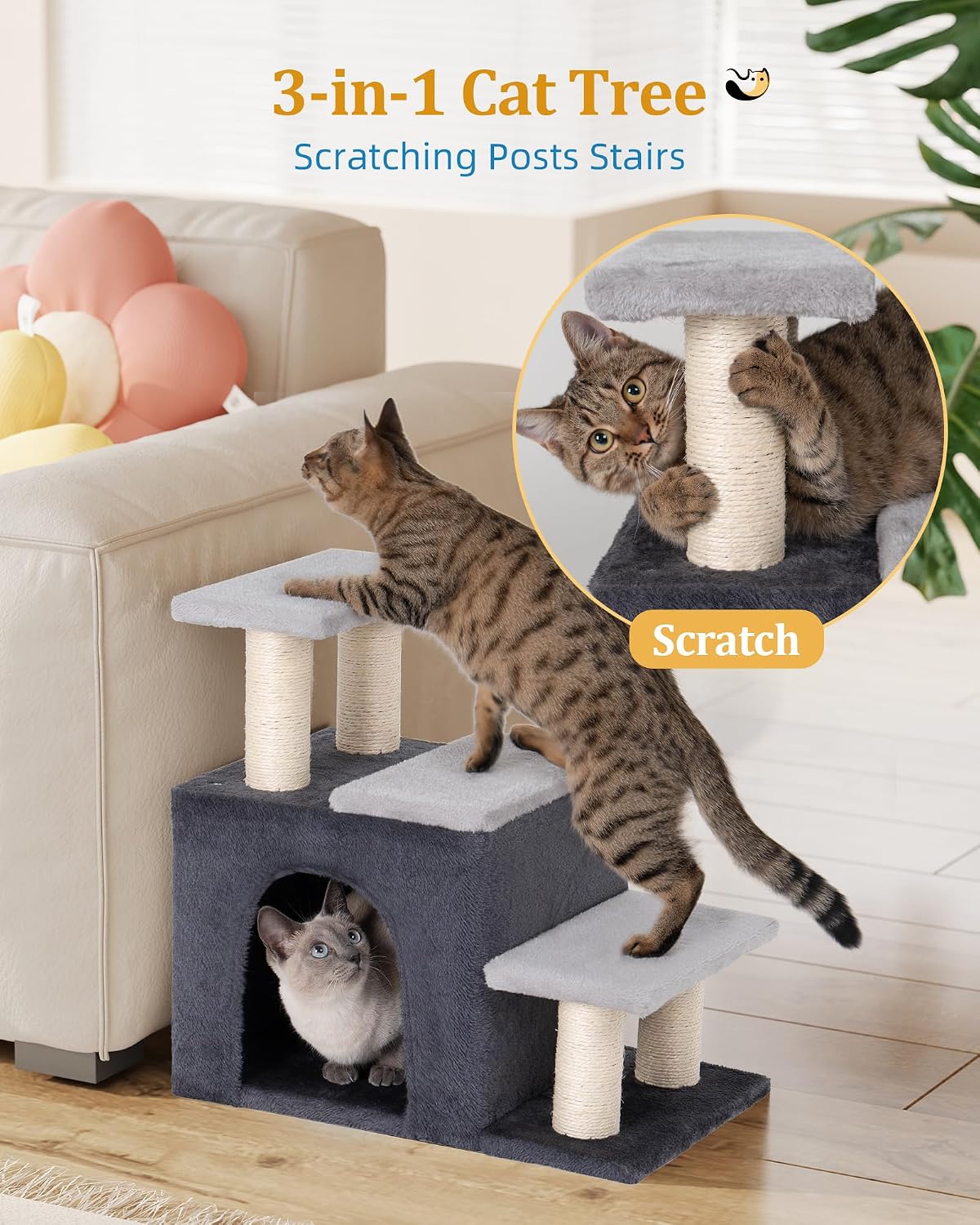 3-in-1 Pet Stairs for Cats, Dog Steps for Small Doggie Rabbits – Essentials for Cats - M-Gray - image 2