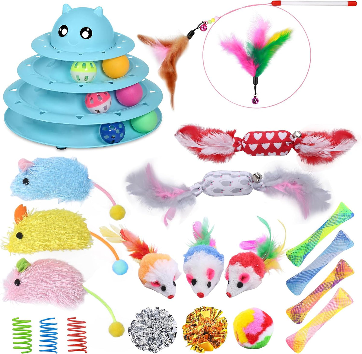 UPSKY Cat Toy Roller 3-Level Turntable Cat Toys with Six Colorful - D-Blue
