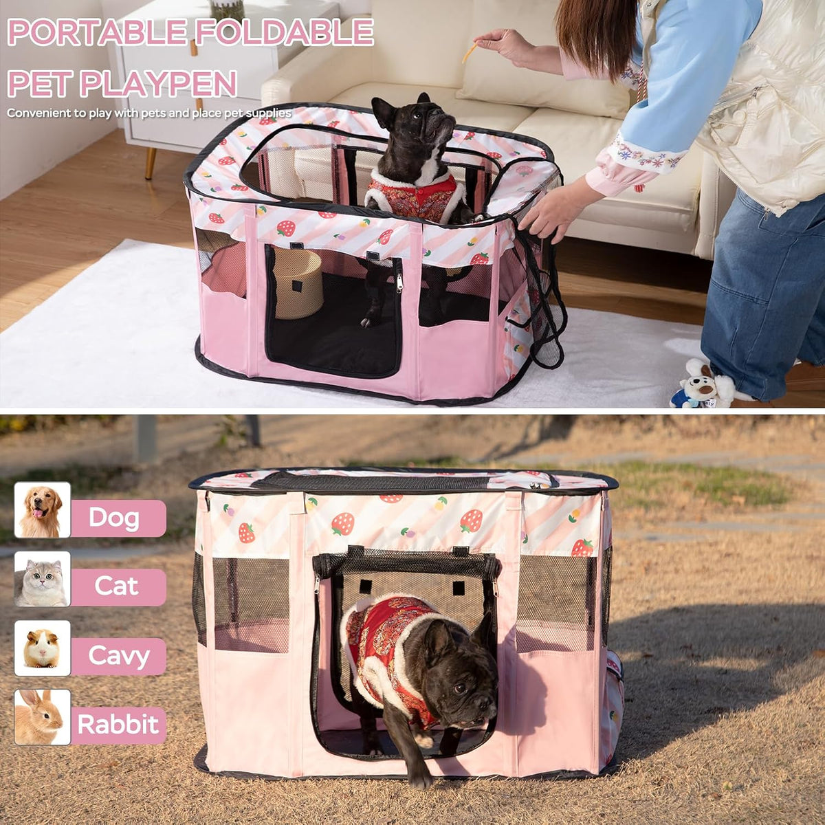 Foldable Pet Cat Playpen, Indoor Cat cage Crates S - Pink / Medium（31.5"L x 23.6"W x 21.7"H） - image 3