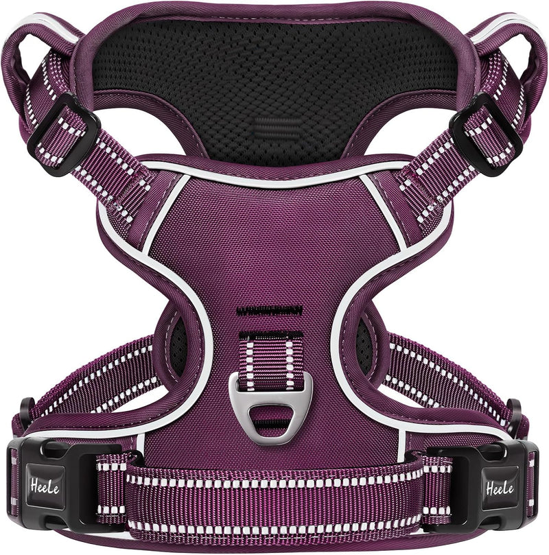 HEELE Dog Harness, No Pull Adjustable Padded Reflective Harness for Small Medium Large Dogs - L / Purple(Matching Trim)
