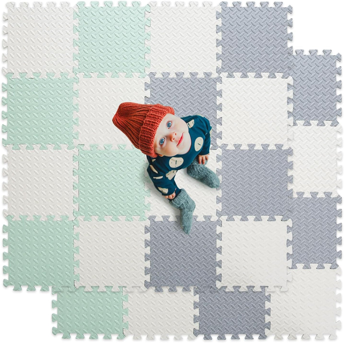 16 Tiles Foam Play Mat, Soft & Safe EVA Foam Mats for Floor - White/Gray/Bean Green
