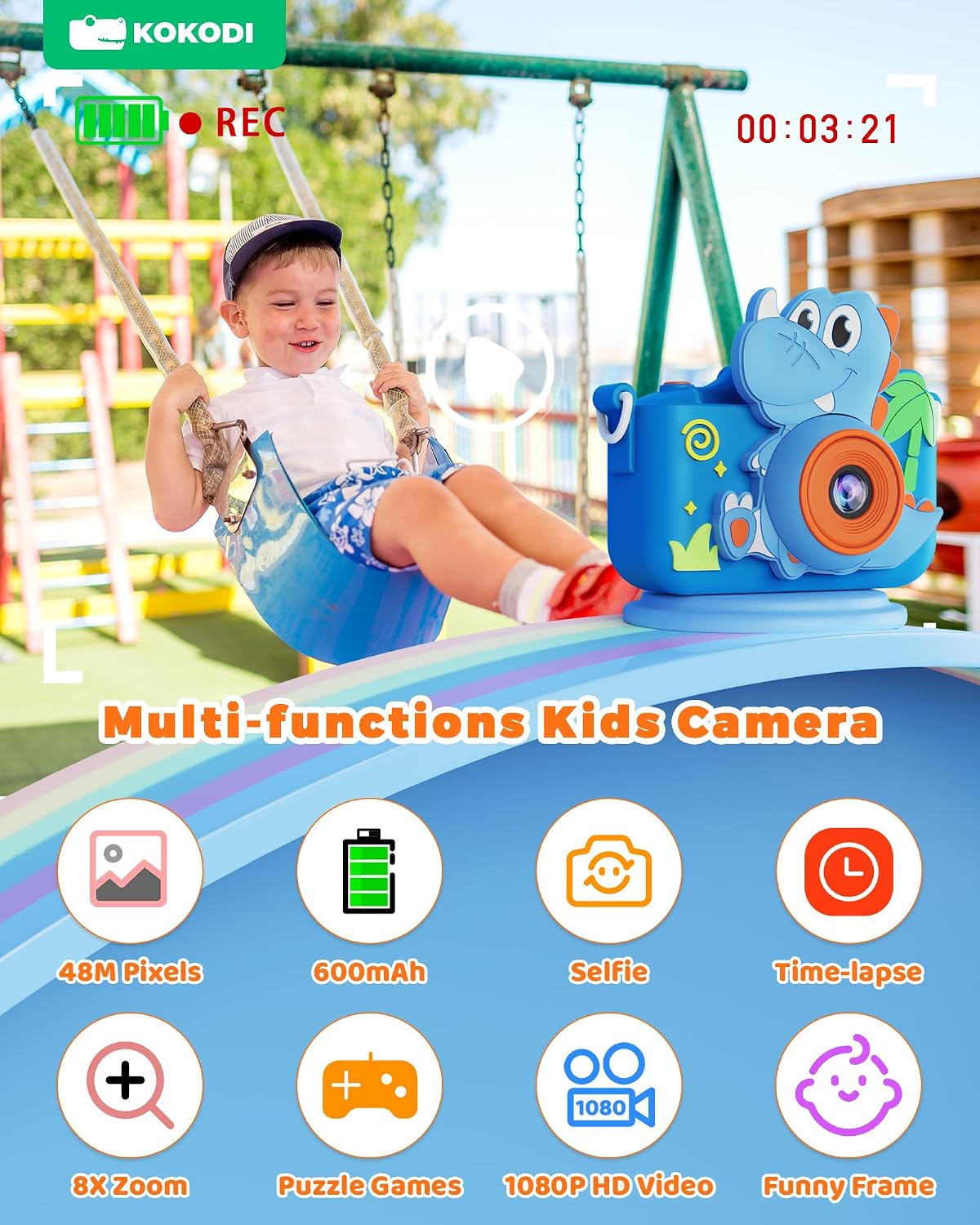 KOKODI Kids Camera Toy Digital Camera for Kids - Dinosaur-Blue - image 4