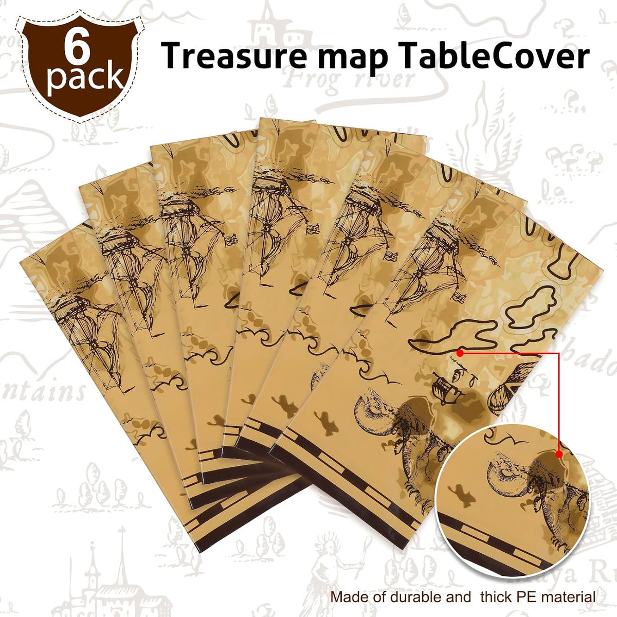 Irenare pirate tablecloth printed with a treasure map, skeleton, boat, mountain and treasure chest - view 14