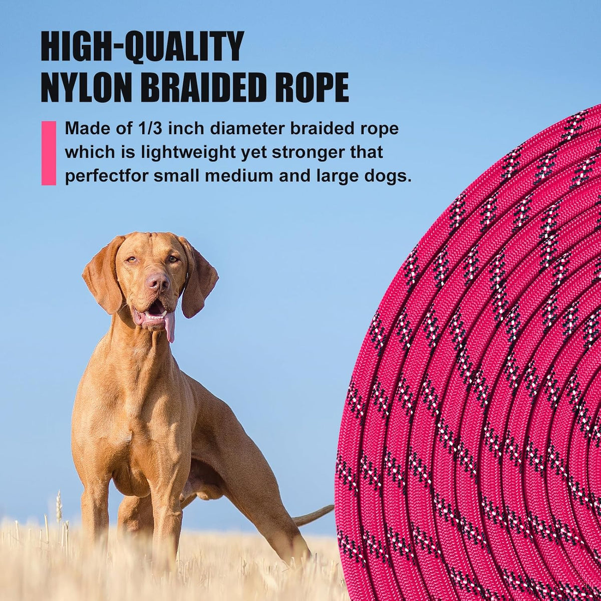 Long Dog Leash Reflective Rope Training Lead 15ft 30ft 50ft Check Cord – Essentials for Dogs - Pink / 15ft x 3/8inch - image 2