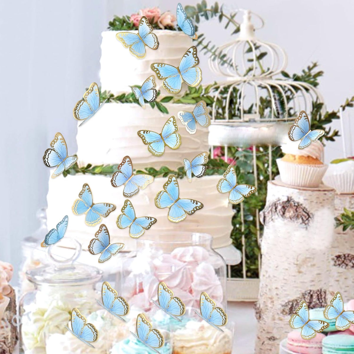30Pcs 2D Waterproof Swallowtail Butterfly Cake Topper Transparent - Not Edible / Blue Gold - image 3