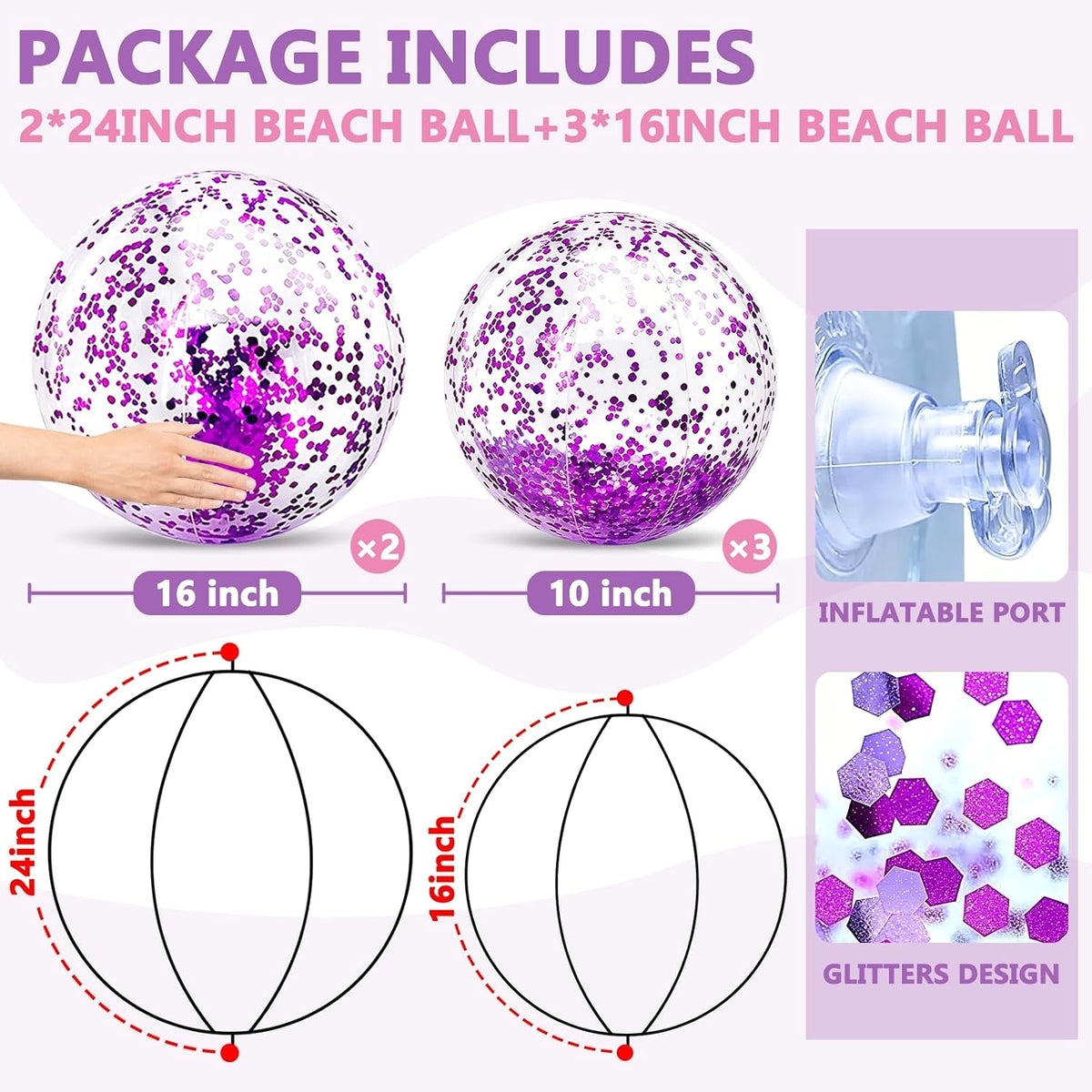 TURNMEON 5 Pack Sequins Beach Balls 16 Inch 24 Inch Pool Party - Purple / 2 pcs 24inch+3 pcs 16inch - image 2