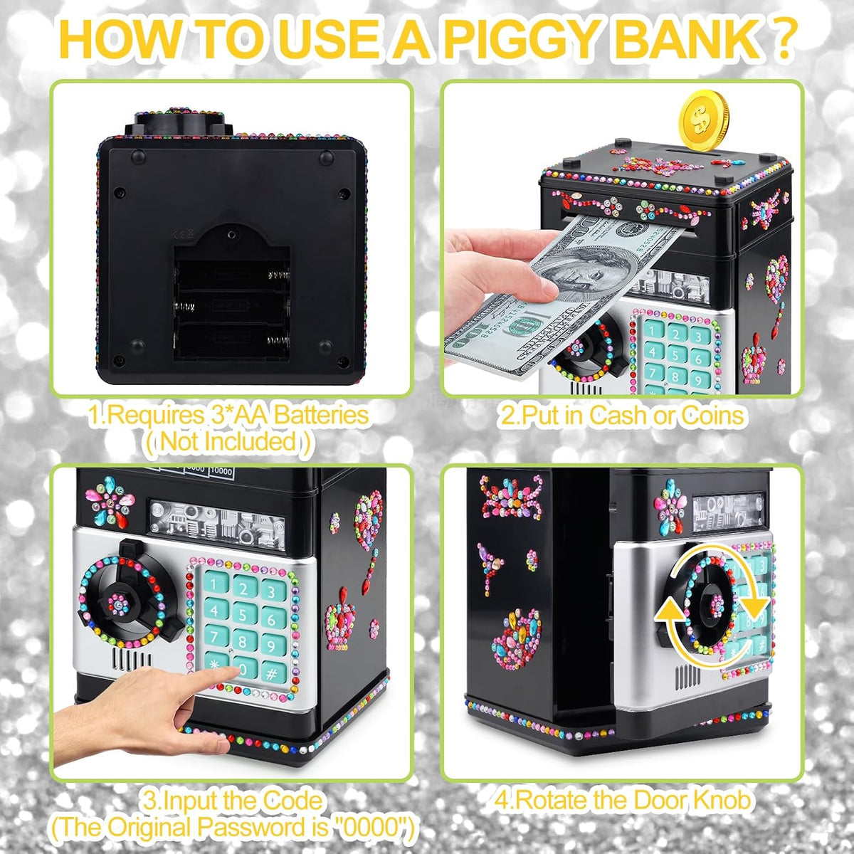 Piggy Bank for Kids Girls Boys with Password Code Lock Cash Coin Can - Black - image 4