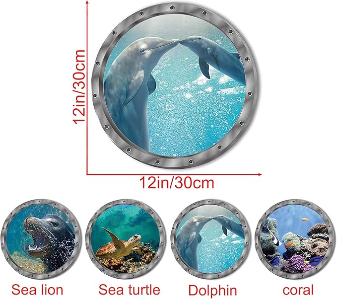 4 PCS Removable 3D Under The Sea Nature Scenery Wall Decals - Animals Wall Sticker Home Wall Art Decor for Bathroom Bedroom Door Kids Baby Nursery Room - Includes Turtles, Dolphins, Sea Lions, Coral