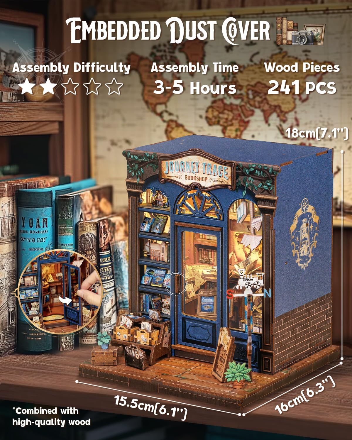 Owl Bookstore Book Nook Kit, 3D Wooden Puzzles with LED - Journey Trace Bookshop - image 3