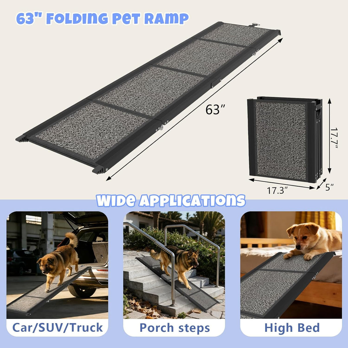 Dog Ramp for Car, Truck, 63"x17" Folding Non-Slip Pet Ramp for Large Dogs – Essentials for Dogs - 63" L x 17" W - image 2