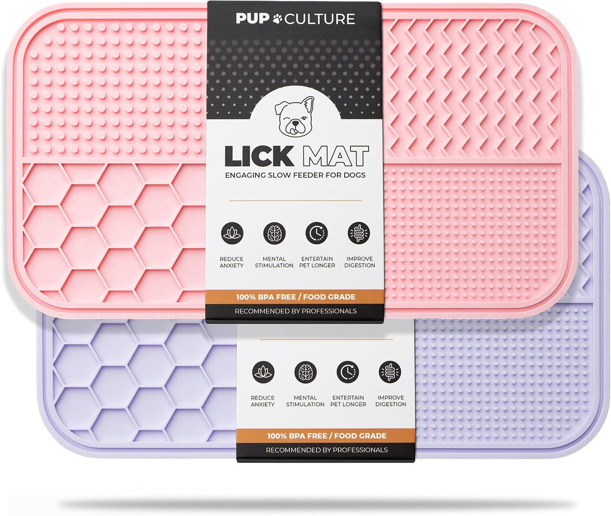 Dog Lick Mat for Dogs, Feeding Pad for Anxious Pets Plus 4 Different Puzzles for Mental Stimulation - 2 Pack / Pink/Lavender