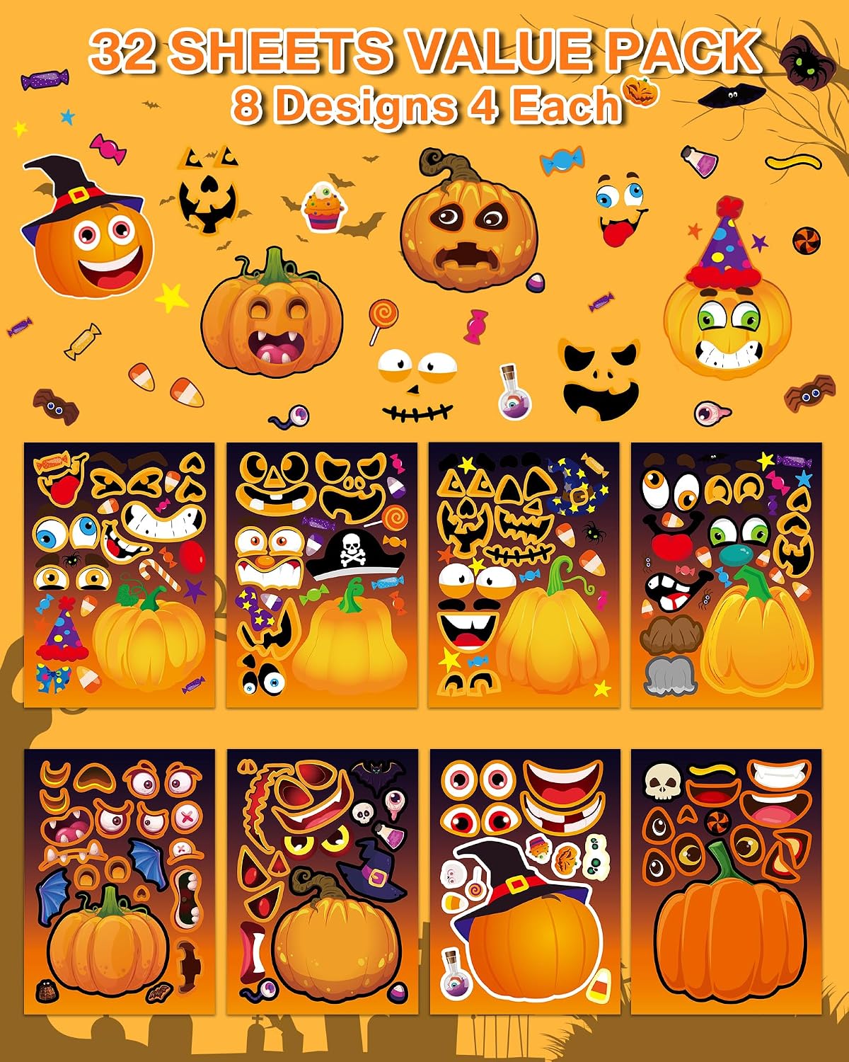 Aowplc Halloween make-a-face sticker sheets with witches, pumpkins and monsters - view 3