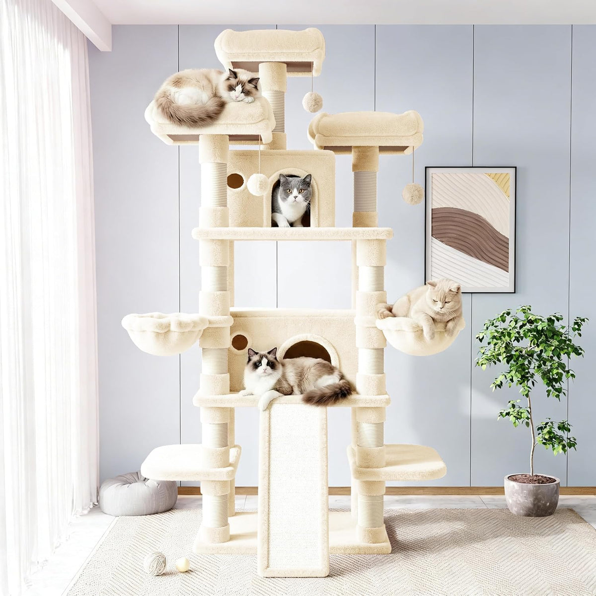 Allewie 68 Inches Cat Tree/House and Towers for Big Feline/Scratching - 82 in / Beige - image 2
