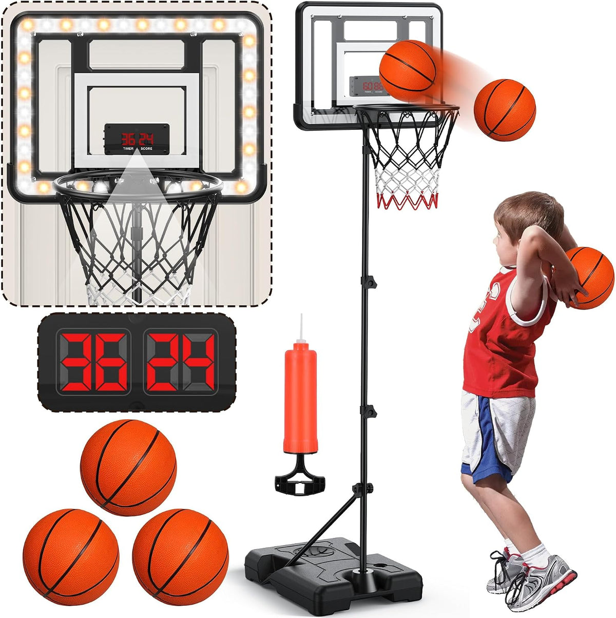 flybakiz kids basketball hoop with electronic scoreboard, timer and adjustable stand