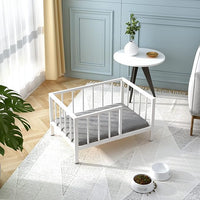 Dog Bed with Rails - Elevated Pet Metal Bed Frame with Solid Wood Board and Washable Soft Mat for Small Dog Indoor or Outdoor Use, 21.3" x 30 ", White