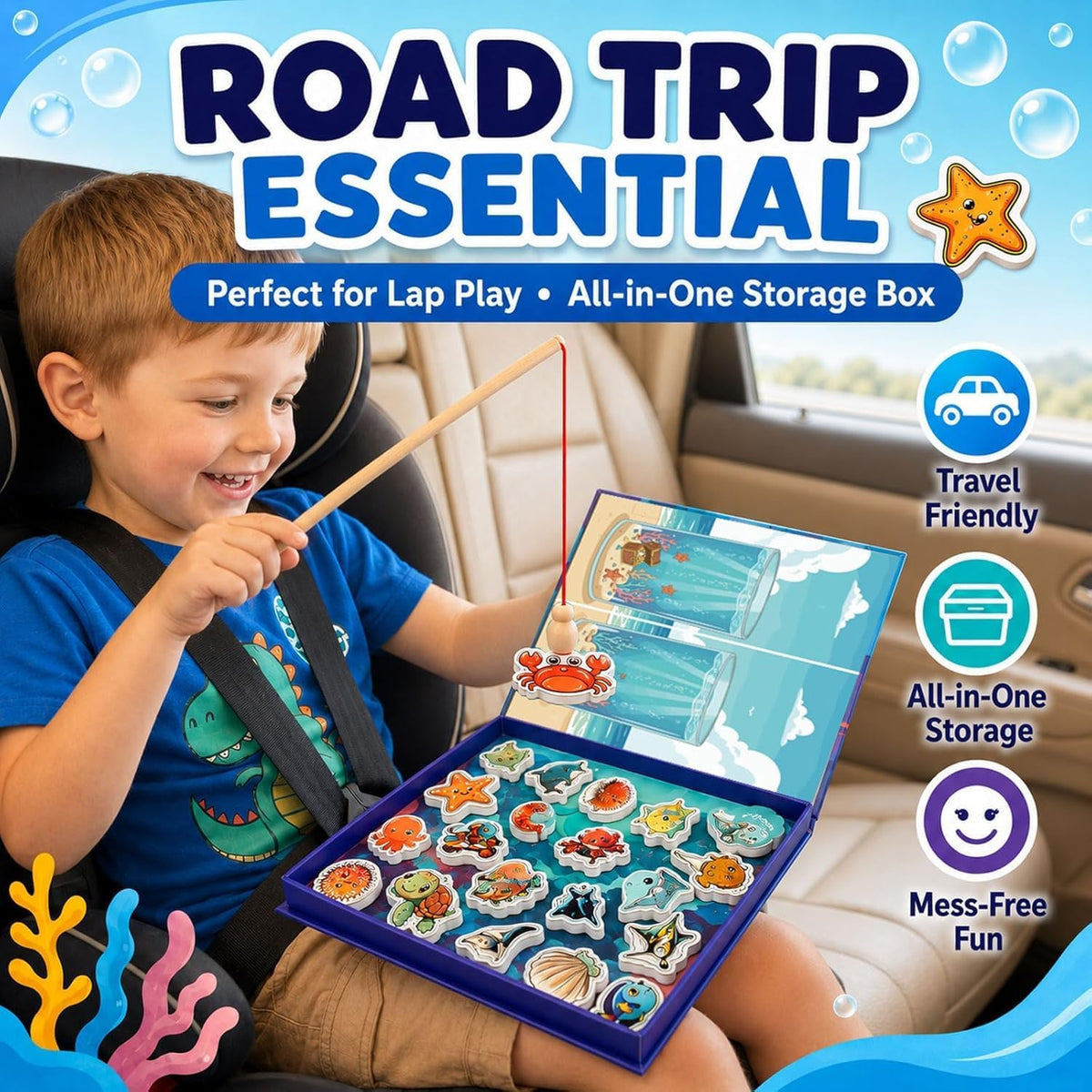 Travofun magnetic fishing game book open with ocean animal pieces and two wooden fishing rods - view 20