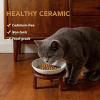 Elevated Cat Bowls, Ceramic Cat Bowl with Bamboo Stand Wide Opening – Essentials for Cats - White / Stripe x1 + Acacia Wood - image 4