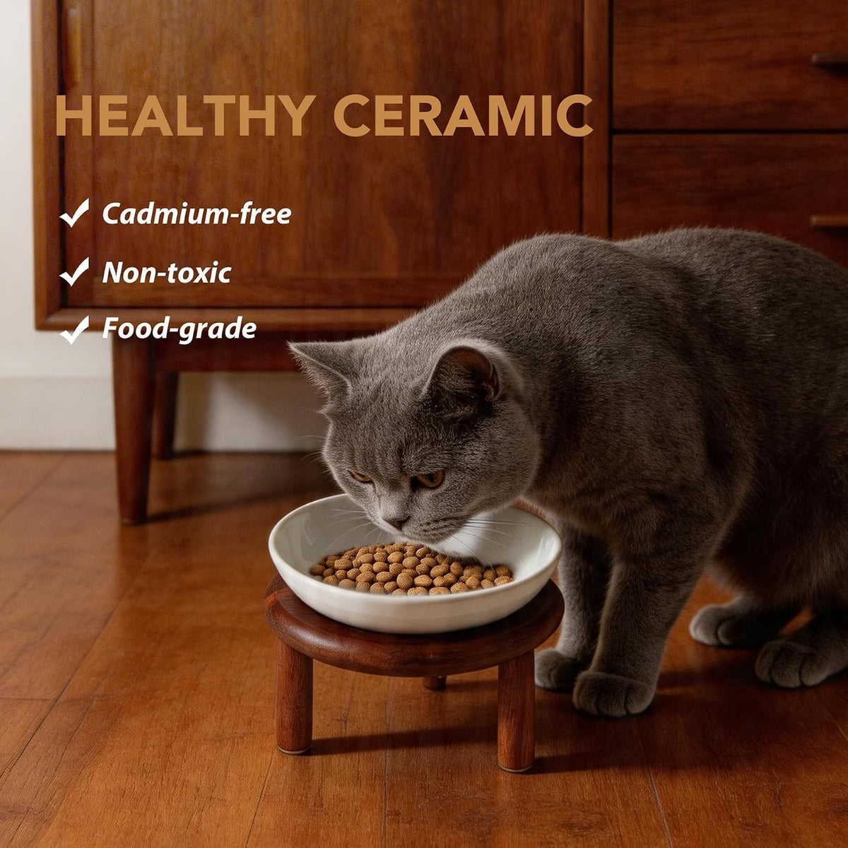 Elevated Cat Bowls, Ceramic Cat Bowl with Bamboo Stand Wide Opening – Essentials for Cats - White / Stripe x1 + Acacia Wood - image 4