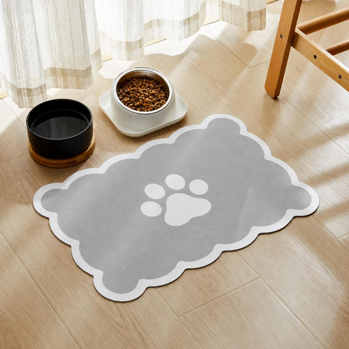 Scalloped Dog Feeding Mat, Beige White, 14" X 19” – Essentials for Dogs - Grey / 19"L x 14"W