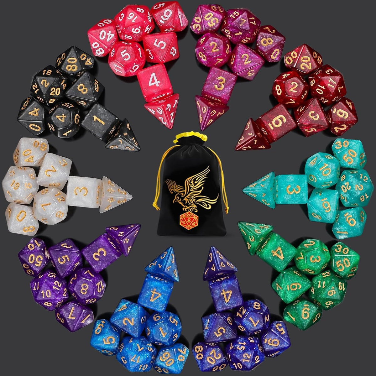 QMay 7 Sets Polyhedral Dice - 10 Colors (70pcs)