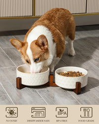 MALACASA Dog Bowl Set, Ceramic Bowls with Walnut Wood Stand - Five-leaf Grass+Honeycomb / 4 Cups - image 4