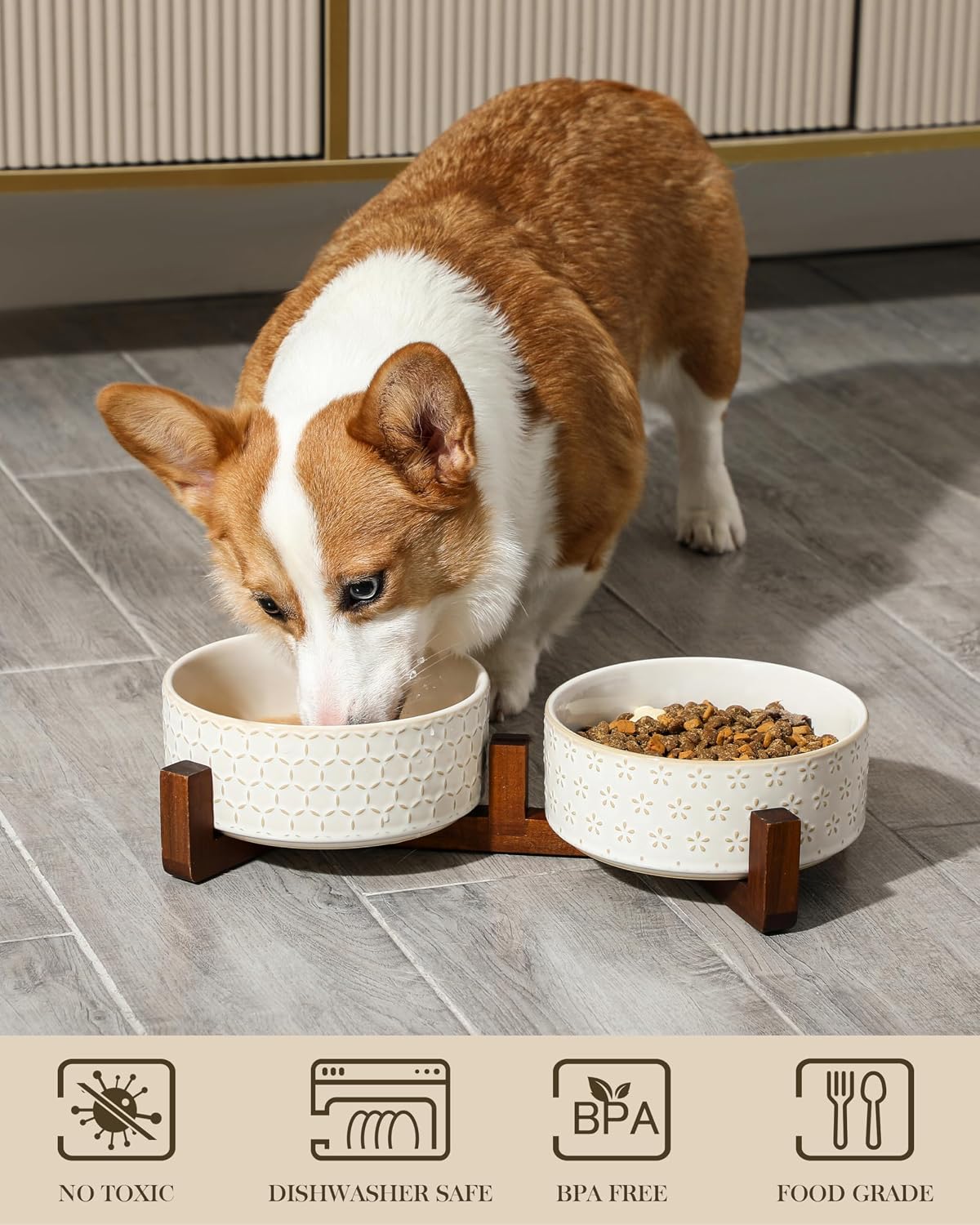 MALACASA Dog Bowl Set, Ceramic Bowls with Walnut Wood Stand - Five-leaf Grass+Honeycomb / 4 Cups - image 4