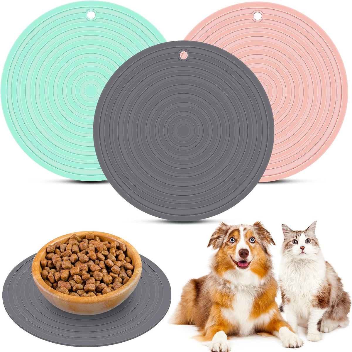 3 Pieces Silicone Pet Food Mat Feeding Mat for Dog and Cat Bowl - Pink, Green, Gray / 9.5 Inch
