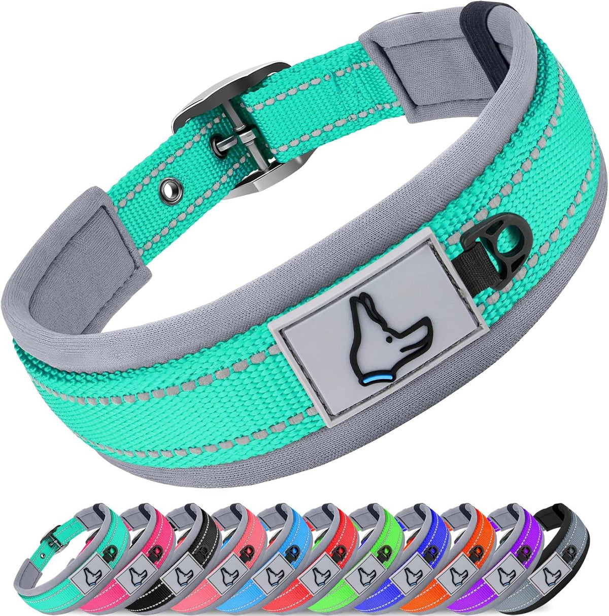 Joytale Reflective Dog Collar for Large Dogs with Wide Padding - Teal / M