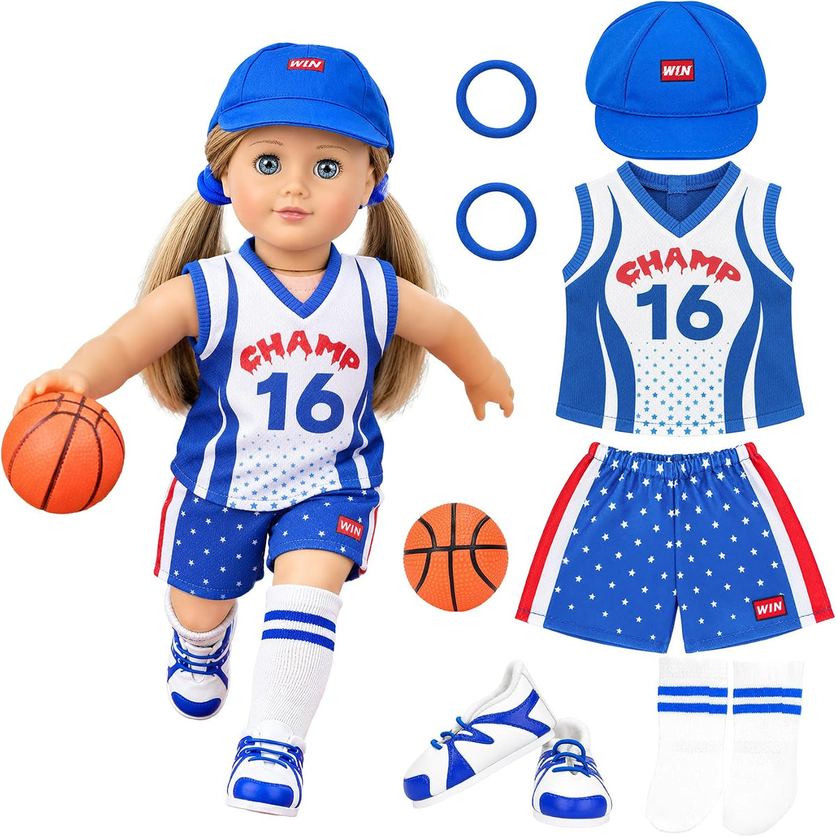 ARTST 18 inch doll soccer outfit with shirt, shorts, socks, headwear, shoes and mini soccer ball - view 2