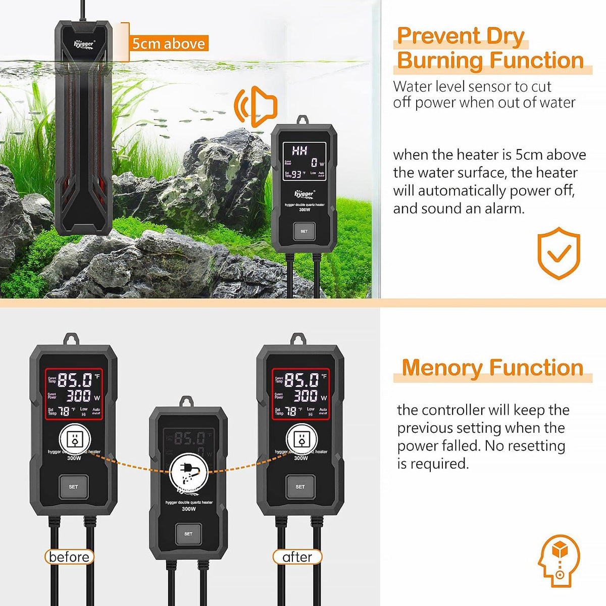 hygger Aquarium Heater 300W/500W/800W/1000W - 300W for 40-80 Gallon - image 4