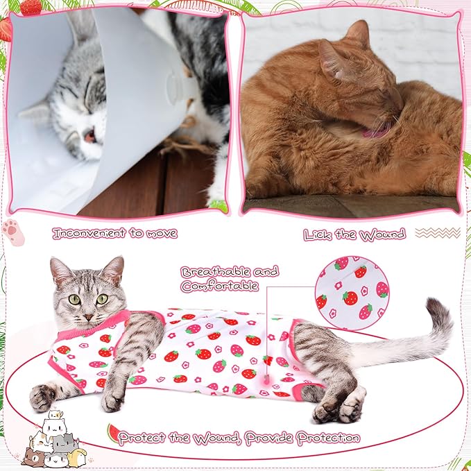 Nuanchu 3 Pieces Cat Recovery Suit Kitten Recovery Suit E-Collar Alternative for Cats and Dogs Abdominal Skin Anti Licking Pajama Clothes Sets(Strawberry Pattern,Large)
