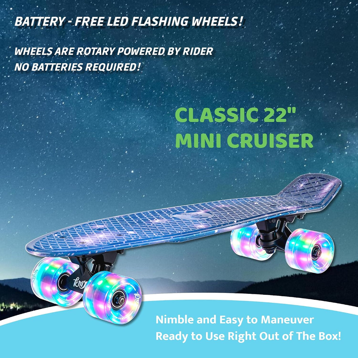 KMX Classic Retro Mini Cruiser Skateboard 22" & 27" for Boys Girls - Blue Galaxy LED / 22" - image 3