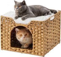Cat Beds Indoor Kitten House, PE Rattan Cat Cave - Natural / Rectangle-M