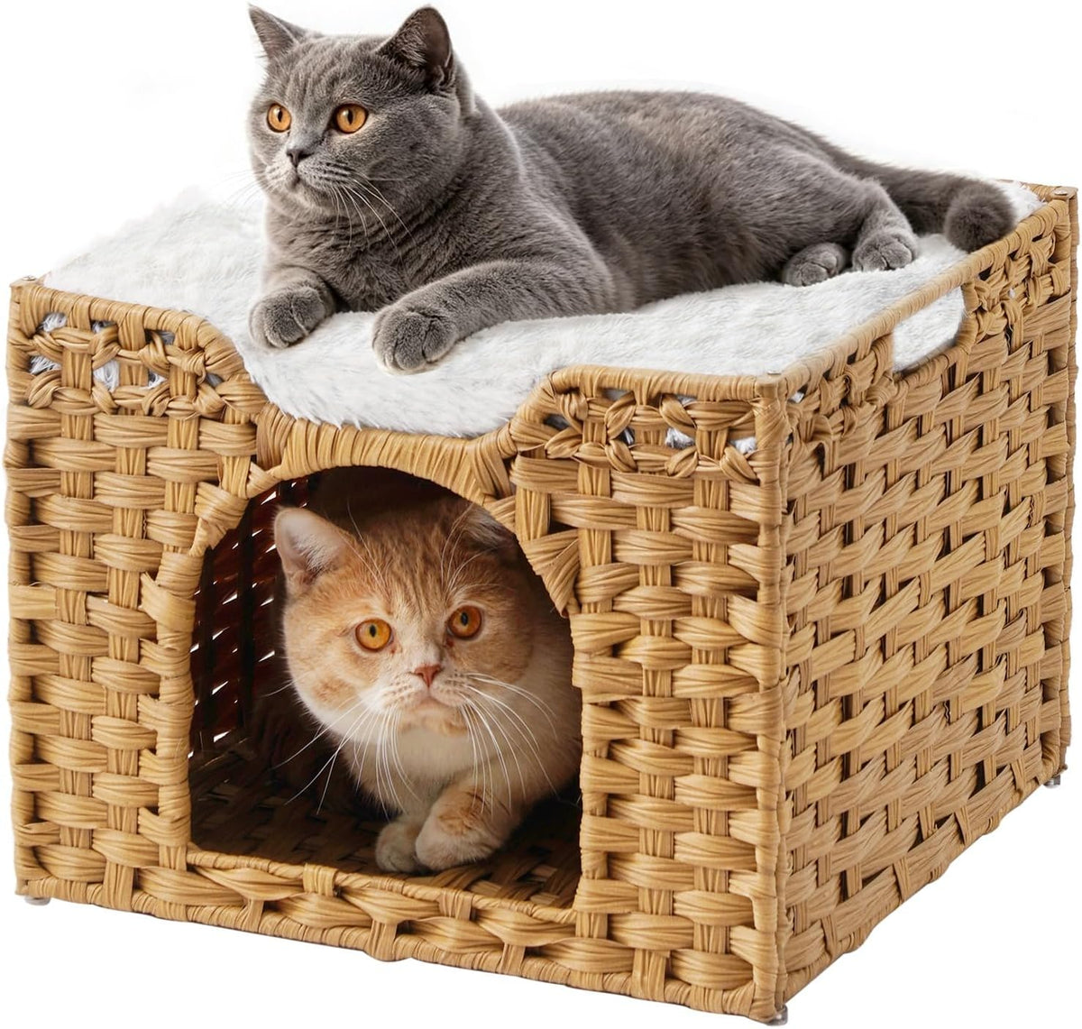 Cat Beds Indoor Kitten House, PE Rattan Cat Cave - Natural / Rectangle-M