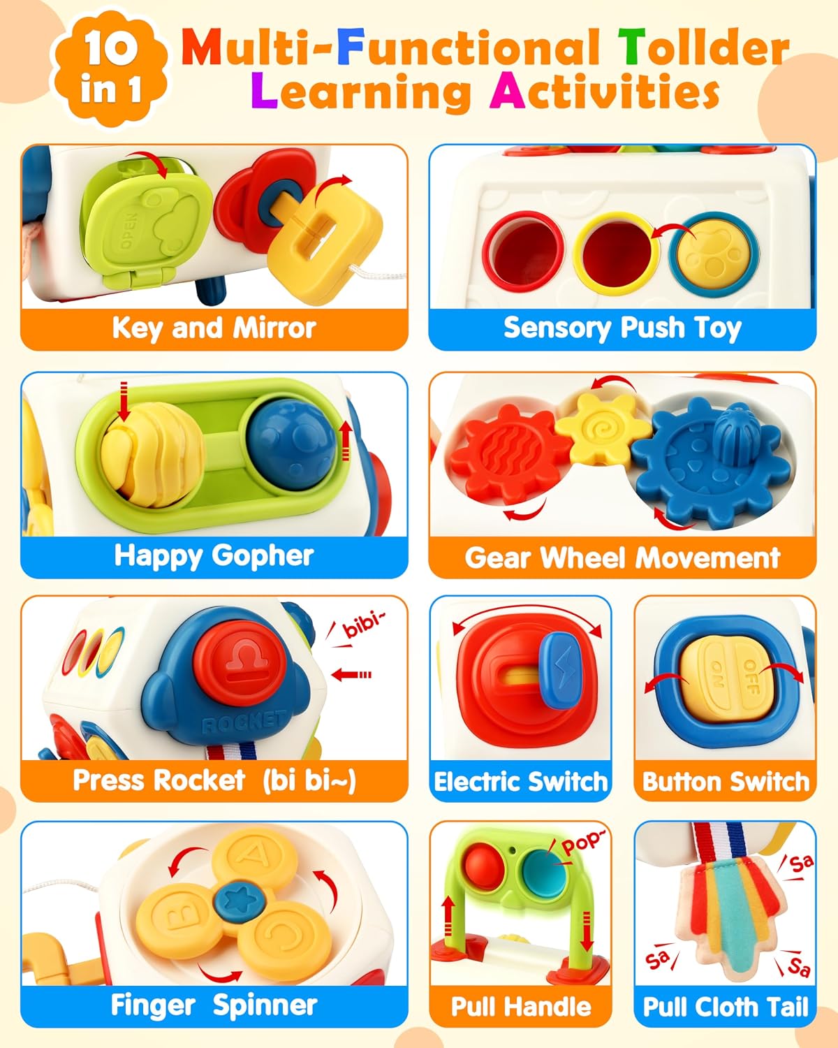 Vanmor 10-in-1 busy cube sensory activity toy with switches, spinner and gear wheels - view 3
