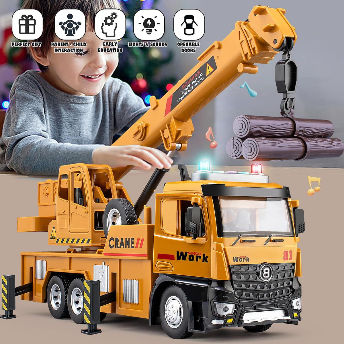 Takgud 13.5 inch friction powered crane truck toy with extending arm and lights - view 6