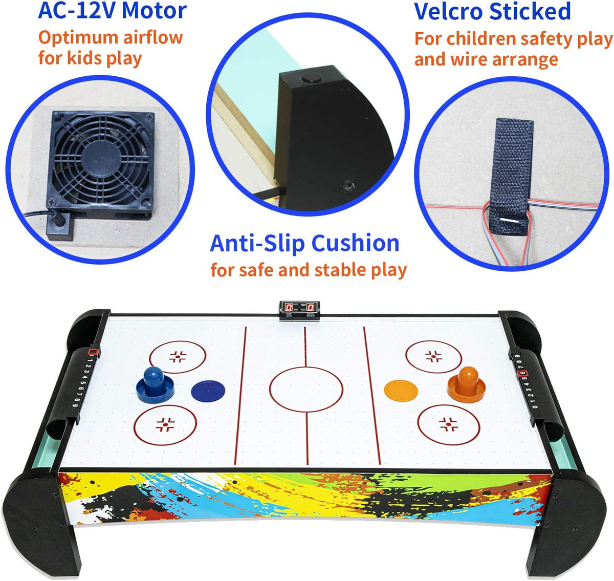 GOOSO 38 inch tabletop air hockey table for kids in green and black with LED scoring - view 5