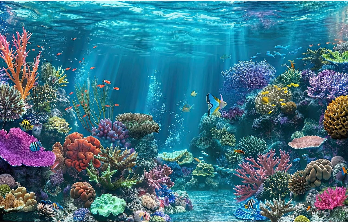 Under The Sea Aquarium Background Turquoise Underwater World Theme - 24(W)x16(H)in / Blue Brown