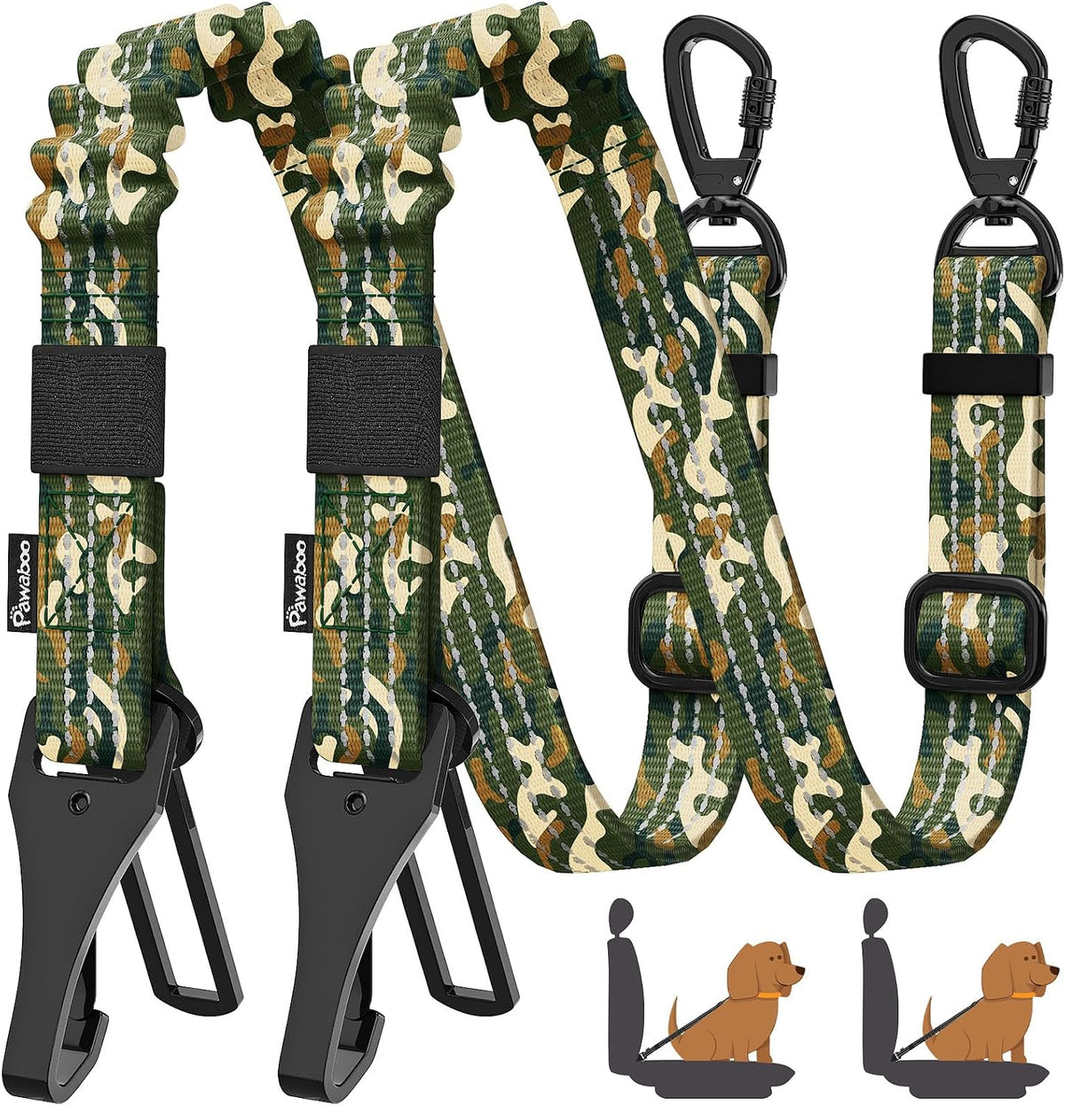 Pawaboo 2Pack Dog Car Seatbelt - Army Green CamouflageX2