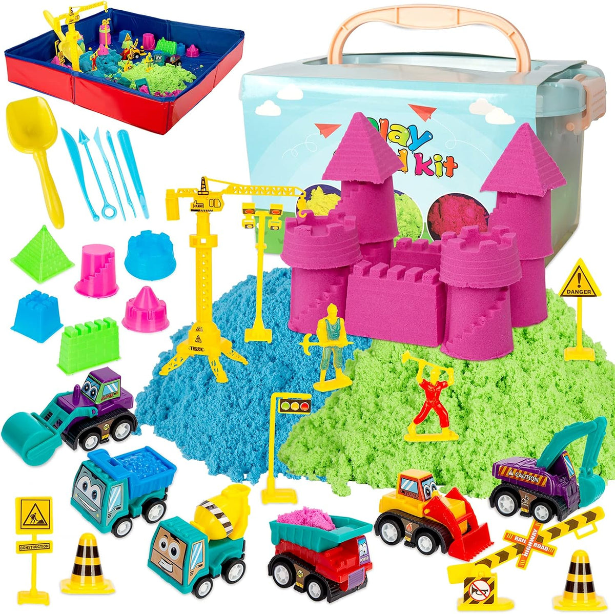 Sand Kit for Kids, 6 Mini Construction Trucks