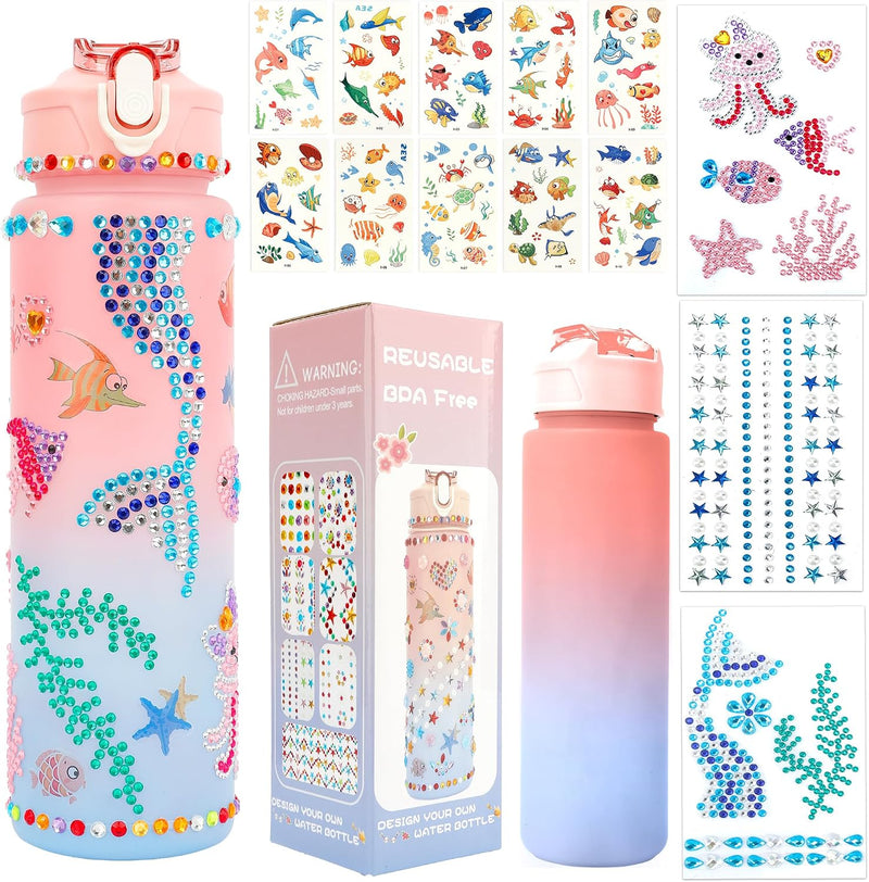 OZOSHINE decorate your own water bottle kit for girls with gem stickers and gift box