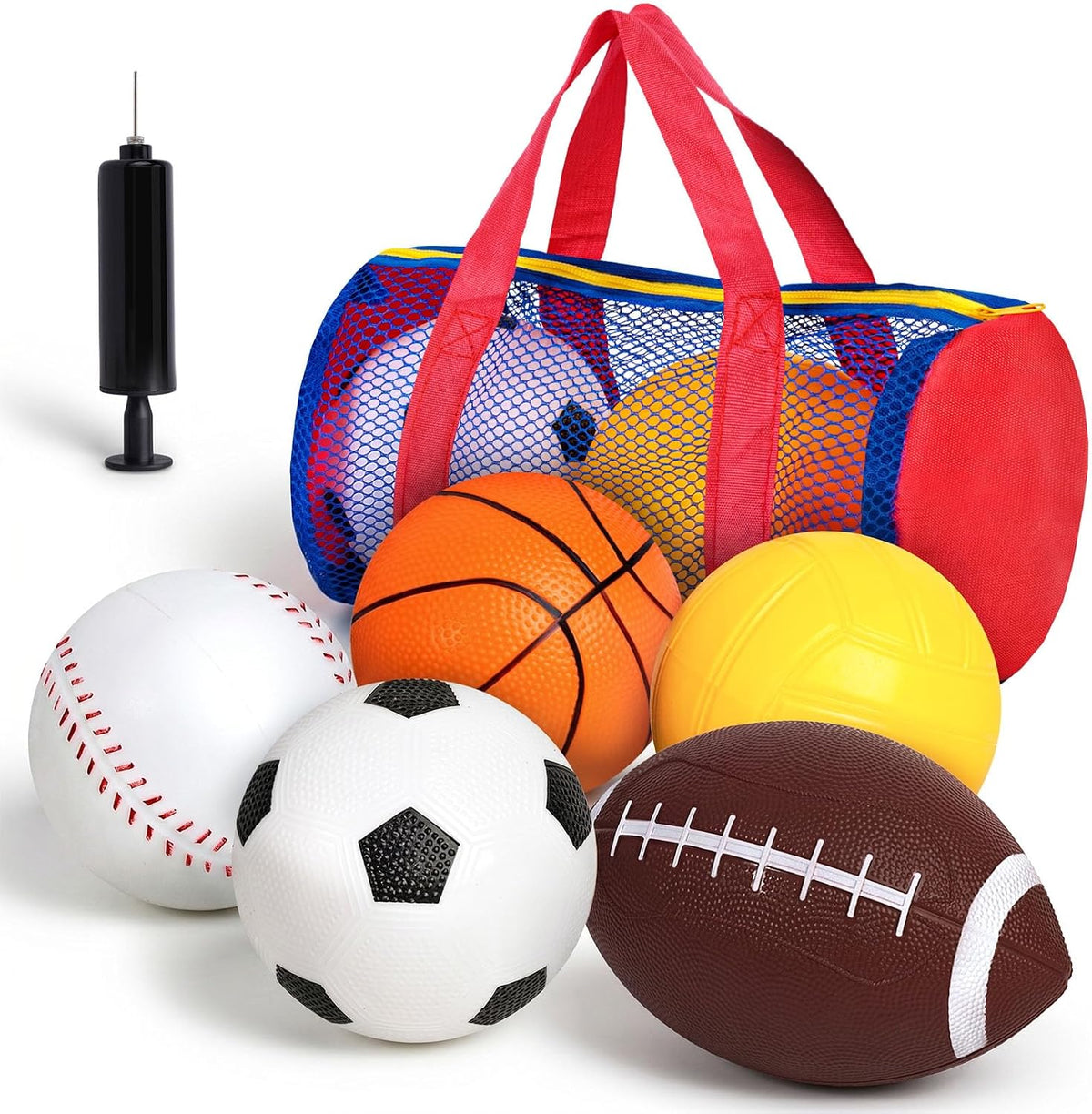 LovesTown 5 pack kids sports balls with football, soccer ball, basketball, baseball and mesh bag