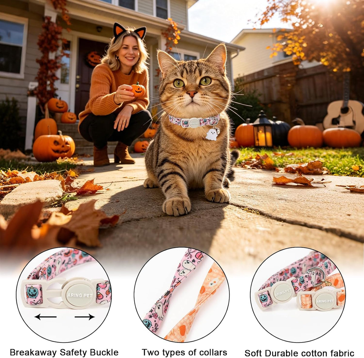 ARING PET 2 Pack Cat Collar-Cute Cotton Cat Collar Breakaway - Halloween Pink & Orange Ghost - image 2