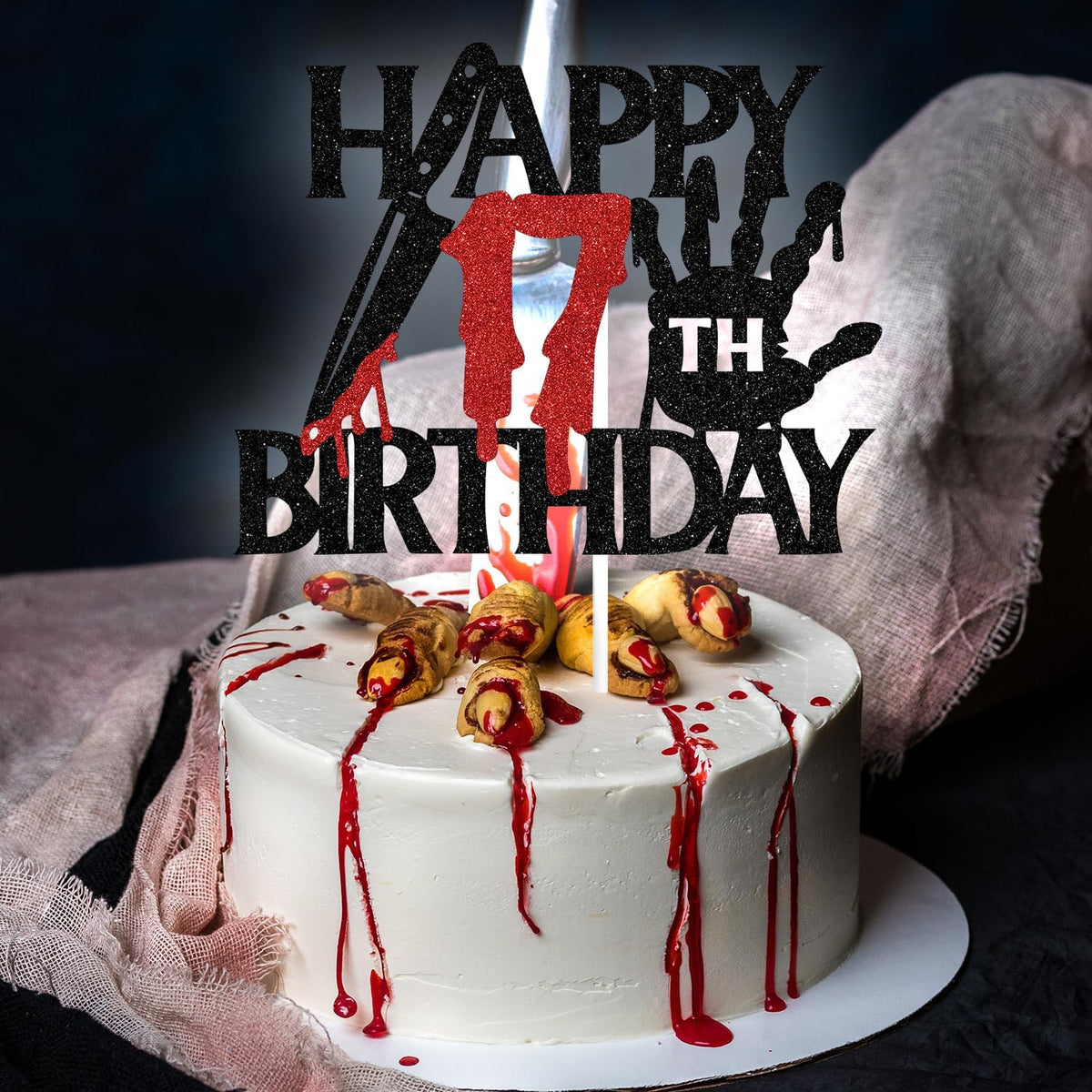 Black glitter Killer Happy 13th Birthday cake topper for a horror Halloween party - view 35