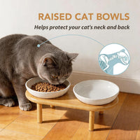 Elevated Cat Bowls, Ceramic Cat Bowl with Bamboo Stand Wide Opening – Essentials for Cats - White / Stripe Set + Bamboo - image 4