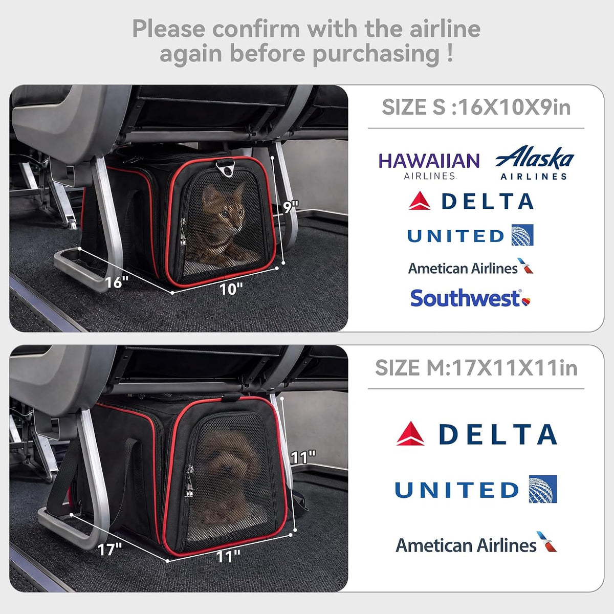 Petsfit Medium Expandable Cat Carrier for Air Travel - 17.0"L x 11.0"W x 11.0"H / Black - image 3