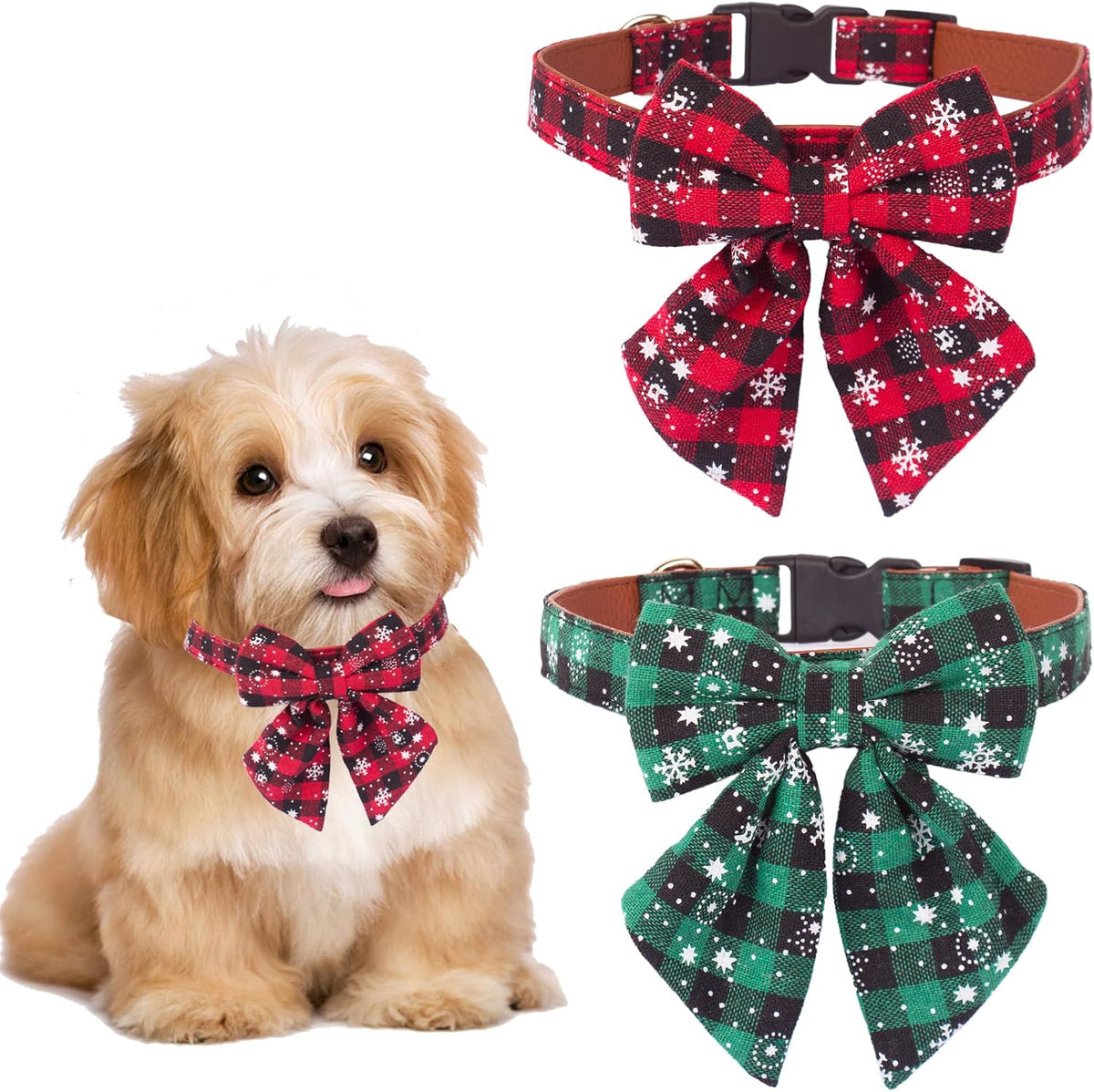 ADOGGYGO Fall Plaid Dog Collar 2 Pack, Thanksgiving Dog Bow Tie - X-Small / Christmas Bow-2